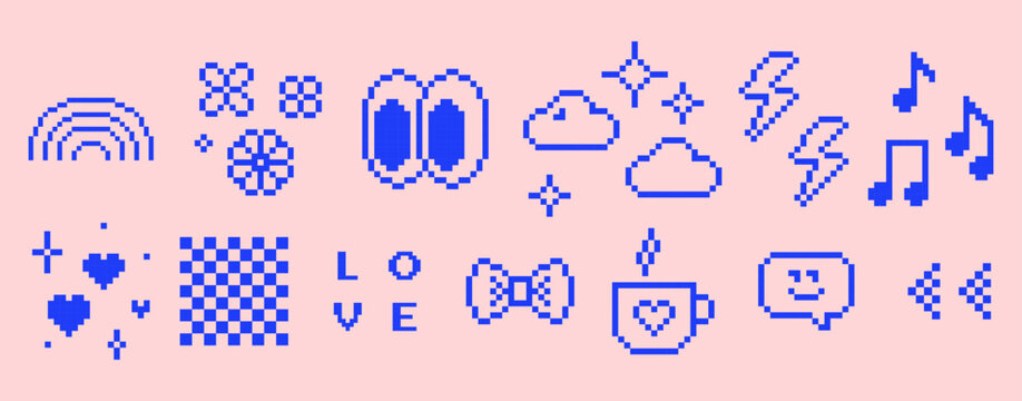 Y2k inspired pixel icons. Retro pixel art sticker set. Rainbow. Eyes. Heart. Flower. Bow. Mood of 90s. 8bit digital style editable vector illustration. Simple geometric pattern. Game abstract elements