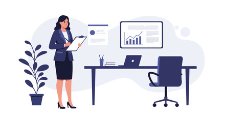 Fototapeta premium Businesswoman holding clipboard in modern office with flat vector art style vector illustration