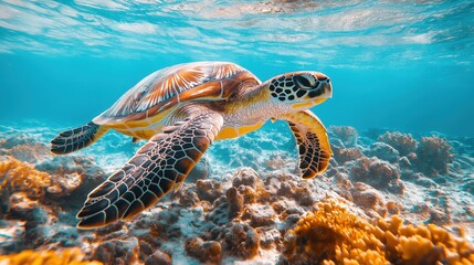 Obraz premium Captivating Sea Turtle Journey Through Vibrant Ocean Reef - Underwater Marine Photography