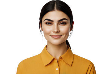 Young woman with long dark hair and subtle makeup wearing a mustard shirt, smiling against a plain black background, exuding confidence and warmth