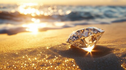 Obraz premium A brilliant diamond glistens atop golden sand, its facets reflecting sunlight in a dazzling seaside shimmer.