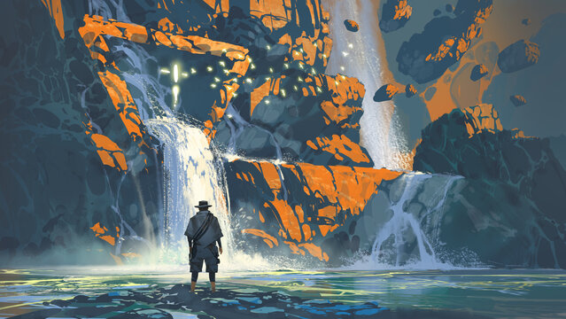 Fototapeta An adventurer stands before a mystical waterfall and glowing triangle symbol carved into orange cliffs in a surreal fantasy environment, digital art style, illustration painting