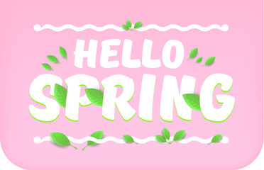 Hello spring pink and white horizontal banner with text and flowers. hello spring slogan or label isolated on pink background. Springtime banner, corner , sticker and header