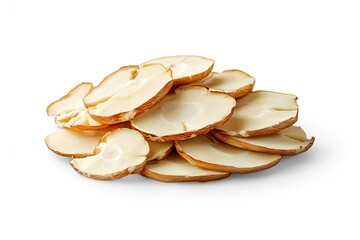 Stacked, sliced mushrooms.  A pile of thin, circular mushroom slices, light beige and tan in color,  arranged in a mound against a white background.  Close-up view, showcasing texture and detail