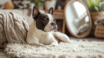 Boston Terrier Resting on Soft Woolen Carpet in Cozy Room
