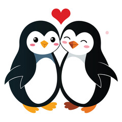 Fototapeta premium Cartoon Penguin Couple with Heart, Cute on White Background