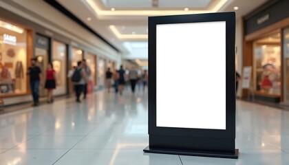 Fototapeta premium Mid frame poster stand mockup in mall. Blank billboard for advertisement, information or promotion. Empty space to insert design. People walking in blur. Ideal for marketing presentation.