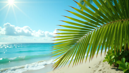 Fototapeta premium A serene tropical beach with palm leaves framing a clear blue ocean and white sandy shore under a bright sky.
