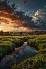 Naklejka premium sunset over the river