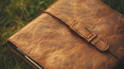 Close-up of a tan leather journal resting on grass