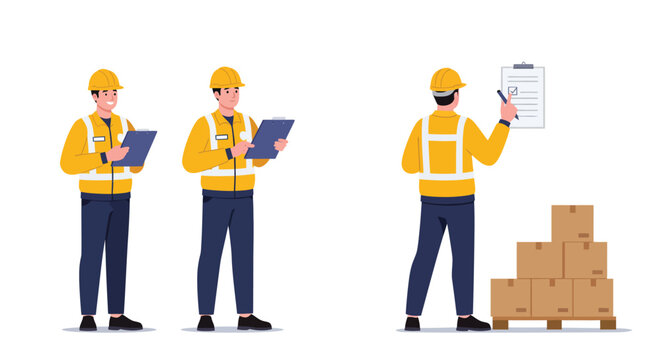Construction worker reviewing plans and checking inventory in flat vector illustration