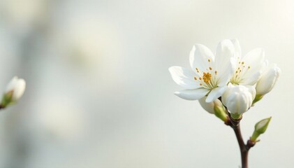 Obraz premium Delicate white blossoms, petals unfurled, pure backdrop , plant, bloom
