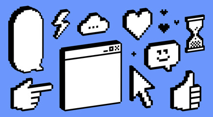3D pixel art black elements seton blue. Y2k inspired trendy collage stickers. Window frame, smile face. Mood of 90's. 8bit retro style vector illustration. Digital geometric shape. Game abstract icons