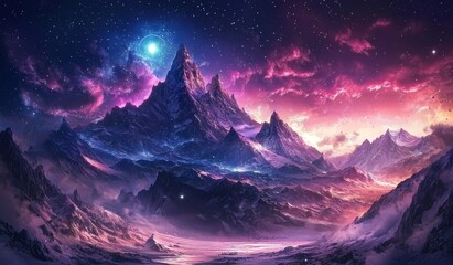 Featuring snow-covered mountains in a winter scene.