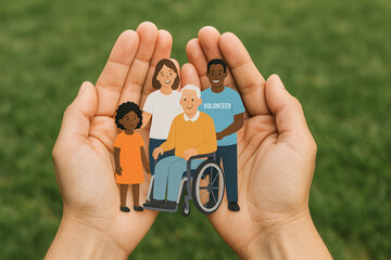 Community care and diversity concept showing illustrated group of people in hands including elderly, child, volunteer, and multiracial individuals representing compassion, support, and inclusion