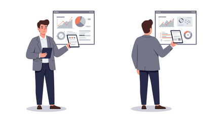 Fototapeta premium Businessman interacting with data screens in flat vector art style vector illustration