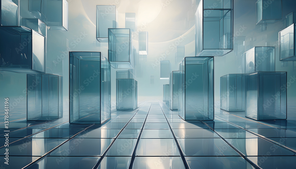 Poster Futuristic abstract space with transparent geometric shapes and reflective surfaces creating a surreal environment.
