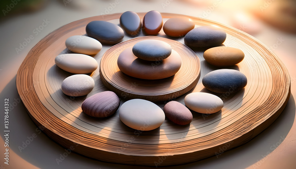 Poster a circular arrangement of smooth stones on a textured plate, creating a serene and balanced aestheti