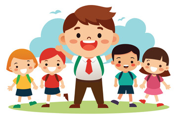 Cheerful Cartoon Teacher & Diverse Students Group Smiling Together on White Background