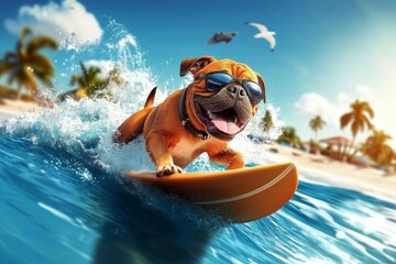 Generative AI illustration of a dog on a surfboard.