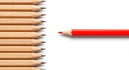 Fototapeta premium A group of pencils with one red pencil standing out against a white background in a studio shot