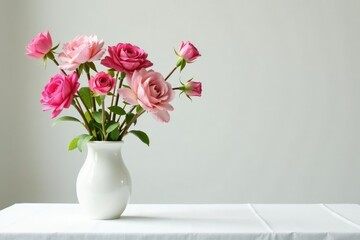 Isolated branches in a vase on white tablecloth with fresh flowers, table, clean