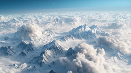 A breathtaking aerial view of snow-capped mountains surrounded by clouds under a blue sky, showcasing the beauty of nature.