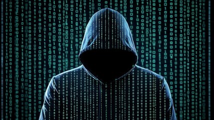 A mysterious figure in a hoodie stands against a backdrop of green binary code, evoking themes of hacking and digital anonymity.