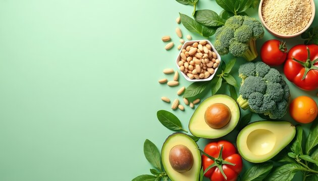 Overhead shot of fresh healthy food arrangement, balanced diet concept. Tomatoes, avocado, broccoli, nuts. Top view of assorted fruits, vegetables. National Nutrition Week, healthy eating background, - Powered by Adobe