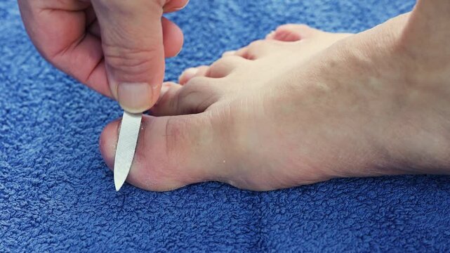 Man Uses Nail File on Discolored and Damaged Big Toenail with Fungal Nail Infection then Wipes Debris with Paper Tissue