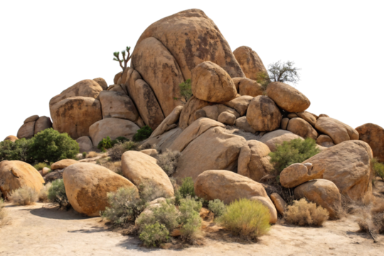 Monumental Rock Formation with Joshua Trees in Desert Landscape, Mojave Desert Nature.