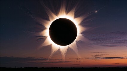 Mystical Solar Eclipse with a Fiery Halo A breathtaking solar eclipse where the Moon perfectly aligns with the Sun, casting a glowing corona around its dark silhouette. The sky is painted in deep twil