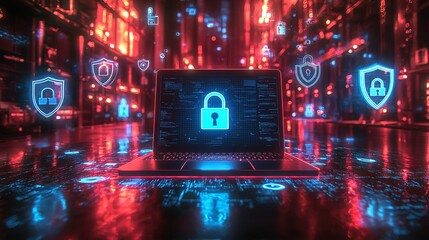 Laptop with glowing digital padlock in a futuristic server room, symbolizing cybersecurity, encrypted data, and digital protection in a high-tech environment.