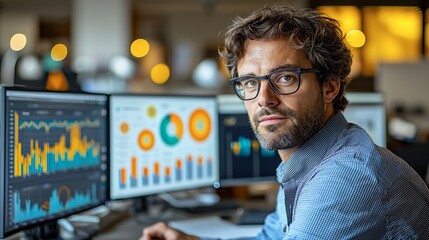 Focused data analyst working at computer with charts, representing data science, analytics, and financial technology in a modern workspace.