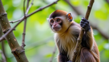 Naklejka premium Tonkin snub-nosed monkey perches on tree branch, highlighting its wide eyes and rare features in vibrant forest.