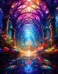 Floating cathedral reflecting in water surrounded by flowers