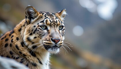 Snow leopard with piercing gaze, its rosetted coat glowing against the misty mountain backdrop.