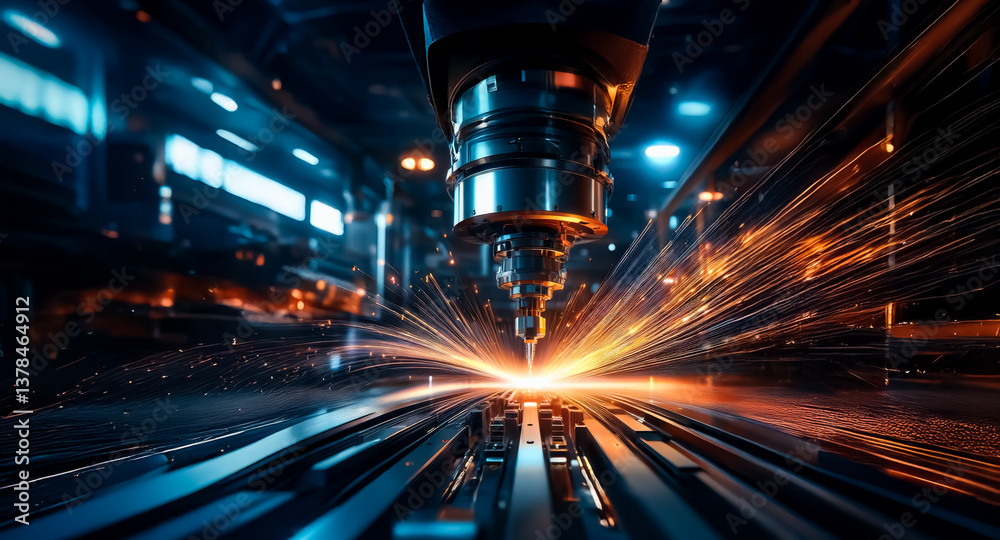 Poster a robotic arm precisely works on metal, creating bright sparks in a dark, industrial setting with bl