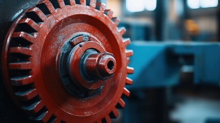 A close-up of a vibrant red gear wheel showcases precise engineering within a clean, controlled industrial workshop.

