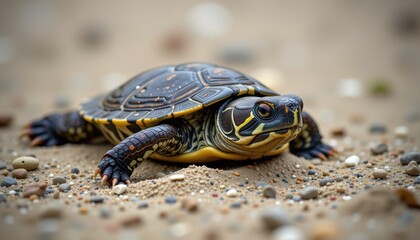 Vibrant southern painted turtle crawling over sandy ground with detailed shell textures.