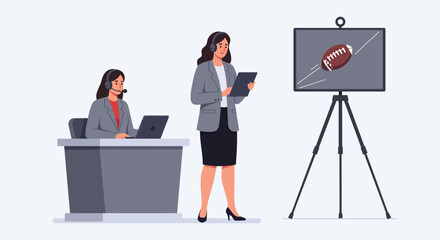 Fototapeta premium Business meeting with two women discussing sports strategy in flat vector art