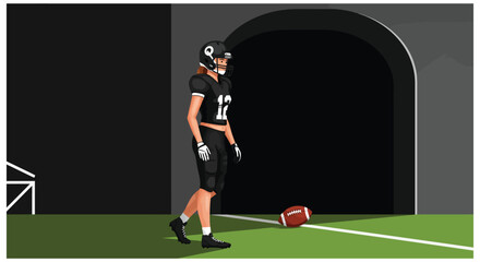 Fototapeta premium Female football player in black uniform preparing for game in flat vector illustration