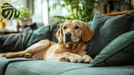 Relaxing Labrador Retriever on Comfortable Couch Surrounded by Plants