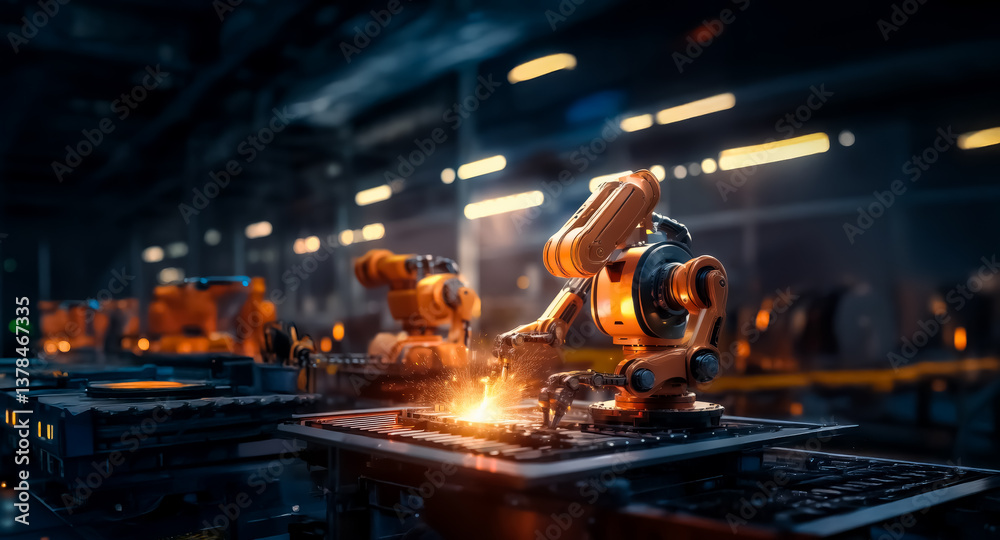 Aufkleber Automated robotic arms weld parts in a factory setting, showcasing industrial automation and precision manufacturing within a dimly lit environment.