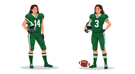 Female football player in green uniform, flat design, showcasing dynamic action, vector illustration