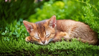 庭で居眠りをするかわいい子猫