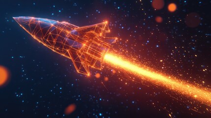 Digital illustration of a rocket made of glowing orange geometric lines and points