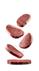 Fresh Raw Beef Steaks isolated on transparent background, Premium Sliced Wagyu Meat, High-Quality Raw Beef Steaks Floating in Air, raw beef PNG image