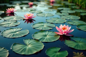 Water lilies forming a repeating pattern across a lake, calm, image, floral pattern