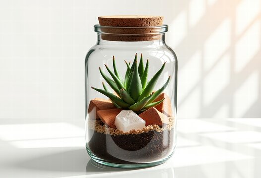 Terrarium with succulent plants in glass jar on white background  